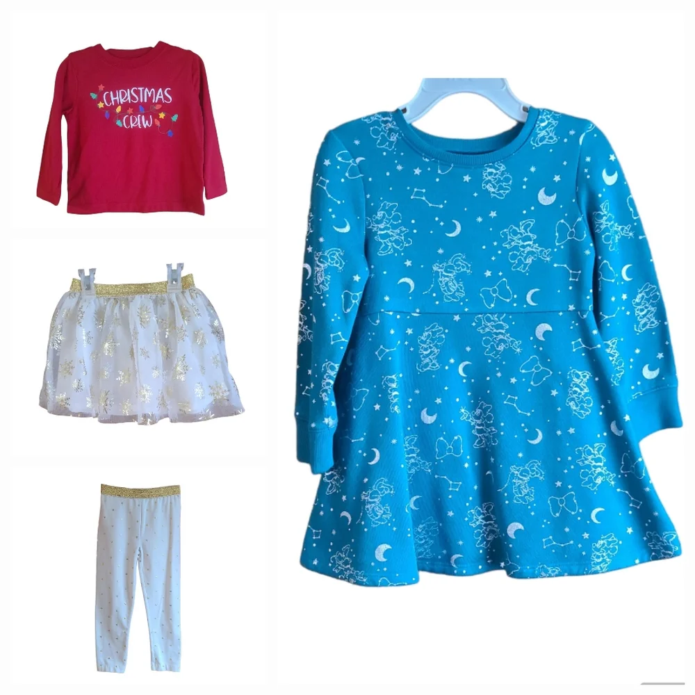 2T & 3T Girls Bundle Minnie Mouse Celestial Print Fleece Dress & Holiday Time - Picture 2 of 14